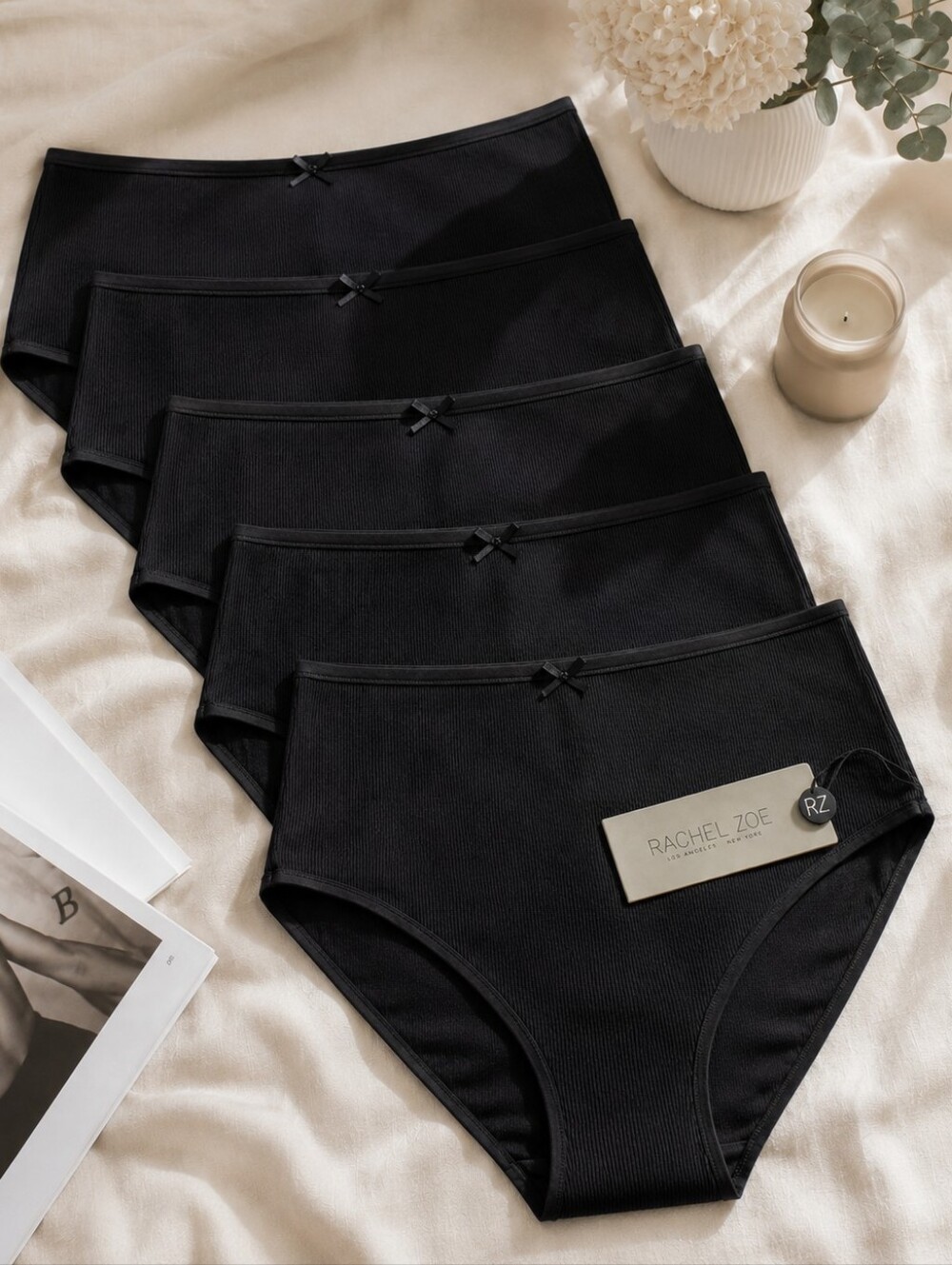 Rachel Zoe Black Ribbed 5 pack High-Cut Bikini Panty